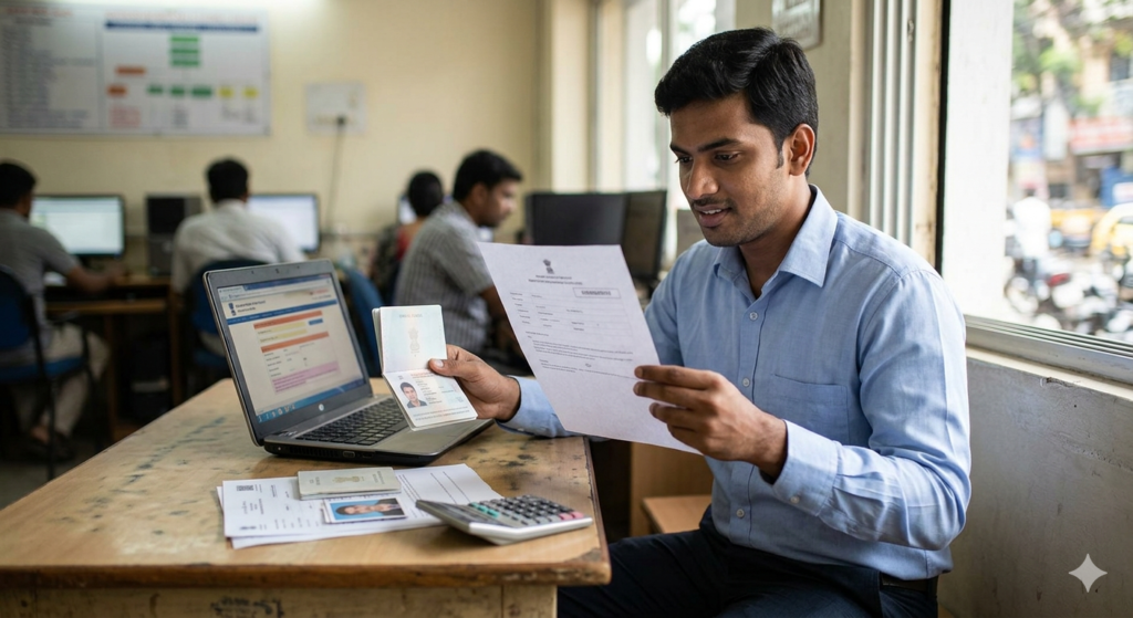 Man checking documents and passport while booking GAMCA medical appointment online at registration center in India