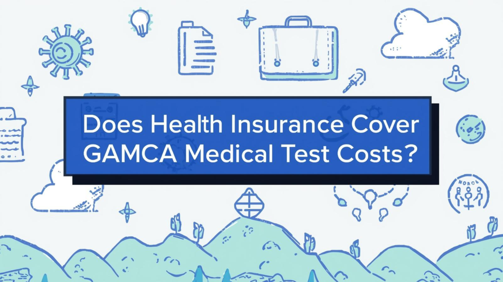 Does Health Insurance Cover GAMCA Medical Test Costs? - Illustrated graphic with medical and insurance icons including virus, documents, briefcase, clouds, and mountains
