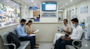People waiting at GAMCA approved GCC medical centre for appointment registration and consultation in India