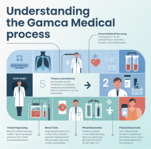 Understanding the GAMCA medical process infographic showing chest X-ray, blood tests, medical examination steps, and certification procedure for Gulf country travel.