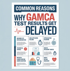 Infographic showing common reasons why GAMCA test results get delayed, including incomplete documentation, high application volume, technical issues, medical complications, and application errors.
