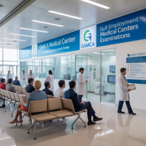 GAMCA medical center waiting area with patients seated and doctors assisting at Gulf employment medical examination facility