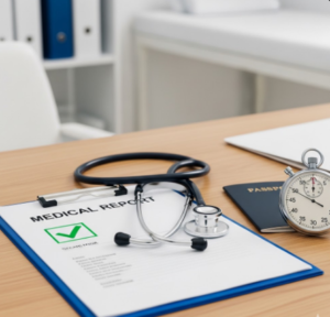 Medical report with approved checkmark on clipboard, stethoscope, passport, and stopwatch on desk, representing completed medical test and documentation process.