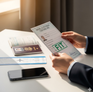 A pair of hands in a suit holding a Medical Fitness Certificate stamped with a green 'FIT' mark on a white desk. A passport, airplane boarding pass, and smartphone are also visible on the desk, suggesting travel preparation.