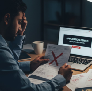 A frustrated man in a blue shirt holding a document marked with a large red X, with a laptop screen showing "APPLICATION DENIED" in the background.