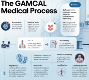 Infographic illustrating the GAMCA medical process, including registration, medical tests, verification at approved medical centers, health screening steps, and final certification for Gulf country visa approval.