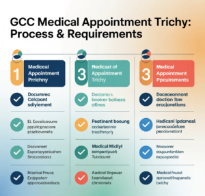 GCC medical appointment Trichy process and requirements infographic showing steps, documents, and medical booking guidelines