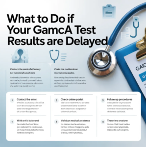Infographic explaining what to do if GAMCA test results are delayed, including contacting the medical center, checking the online portal, following up on procedures, and verifying documentation status.