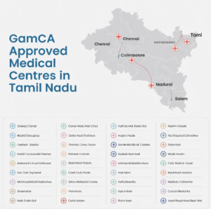 GAMCA approved medical centres in Tamil Nadu map showing locations in Chennai, Coimbatore, and nearby cities for GCC medical test applicants