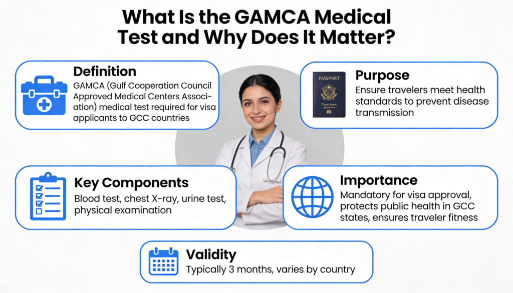 Infographic explaining GAMCA medical test including definition, purpose, key components, importance, and validity for GCC visa applicants