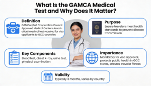 Infographic explaining GAMCA medical test including definition, purpose, key components, importance, and validity for GCC visa applicants