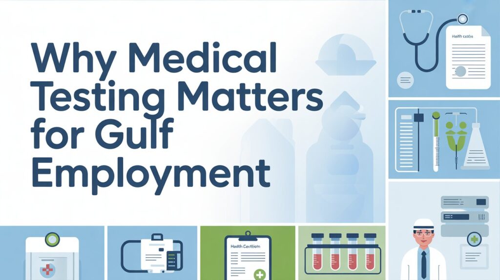 Infographic explaining why medical testing is important for Gulf employment, featuring healthcare icons, reports, lab tests, and doctor illustration