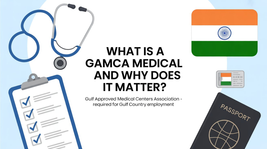 What is GAMCA medical and why it is required for Gulf jobs with passport, checklist, and medical examination illustration in India