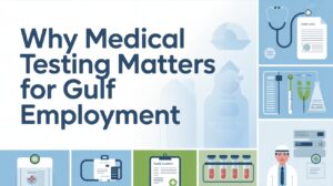 Infographic explaining why medical testing is important for Gulf employment, featuring healthcare icons, reports, lab tests, and doctor illustration