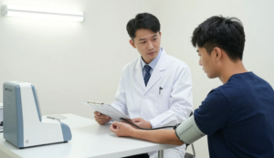Doctor checking patient blood pressure during medical examination in clinic
