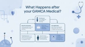 What happens after GAMCA medical test process including results processing, medical clearance, visa application, and travel clearance steps infographic