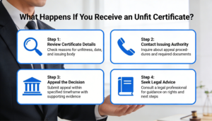 Steps to follow after receiving an unfit medical certificate including review details, contact authority, appeal decision, and seek legal advice