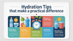 Hydration tips infographic showing benefits of drinking water, fruit-infused drinks, and staying hydrated for better health and wellness