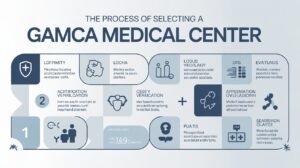 Infographic illustrating the process of selecting a GAMCA medical center with steps like registration, verification, medical tests, and approval stages