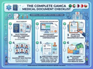 Complete GAMCA medical document checklist showing passport, appointment slip, photos, job offer, registration form, and fee receipt for GCC visa exam