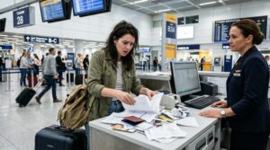 Stressed traveler at airport check-in counter sorting documents while airline staff assists with passport and paperwork