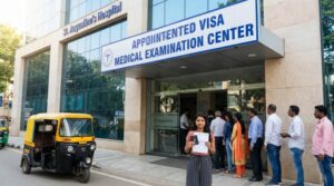 Woman holding documents outside GAMCA approved visa medical examination center with people waiting in line and auto rickshaw nearby