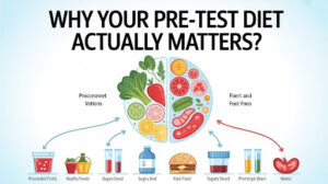 Infographic titled “Why Your Pre-Test Diet Actually Matters” showing healthy eating, hydration, and avoiding processed, sugary, and fast foods before a medical test