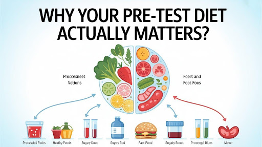 Infographic titled “Why Your Pre-Test Diet Actually Matters” showing healthy eating, hydration, and avoiding processed, sugary, and fast foods before a medical test