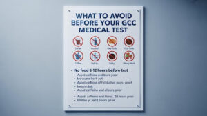 Poster showing what to avoid before GCC medical test, including no food 8–12 hours prior, and avoiding caffeine, alcohol, fatty foods, and heavy meals