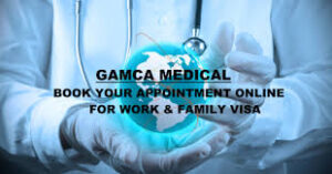 GAMCA medical appointment online booking for work and family visa with doctor holding healthcare globe concept