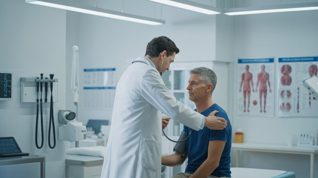 Doctor conducting a medical checkup for a patient during a GAMCA medical examination at an approved clinic