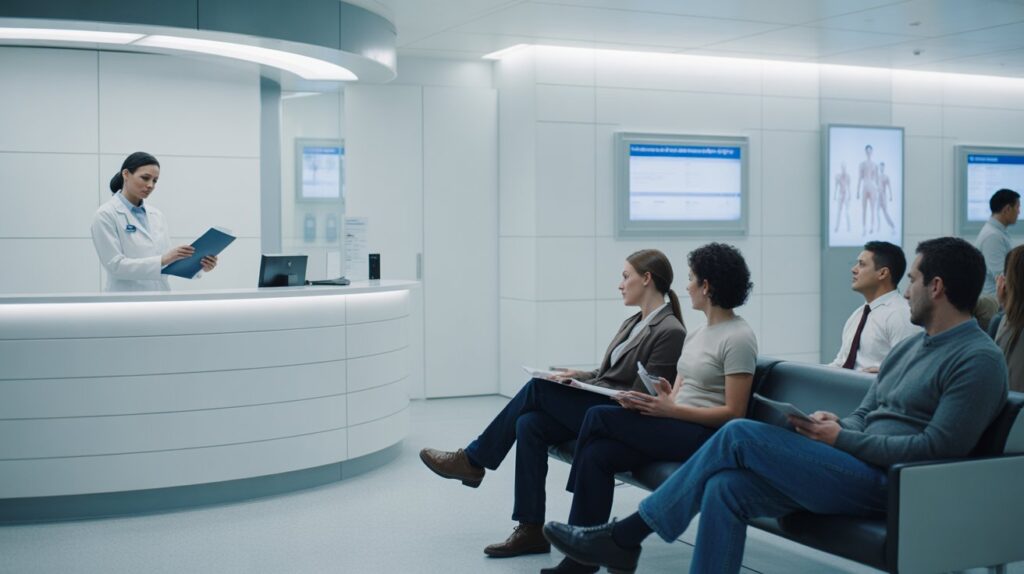 GAMCA medical center waiting area with freelance consultants attending GCC visa medical compliance and health screening process